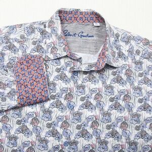 Robert Graham Shirt Mens Medium White Floral Cotton Flip Cuff Classic Fit